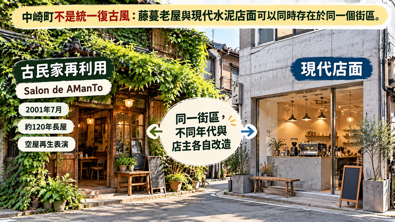 老屋咖啡館比較節點卡：藤蔓老屋與現代水泥店面並存於同一個街區