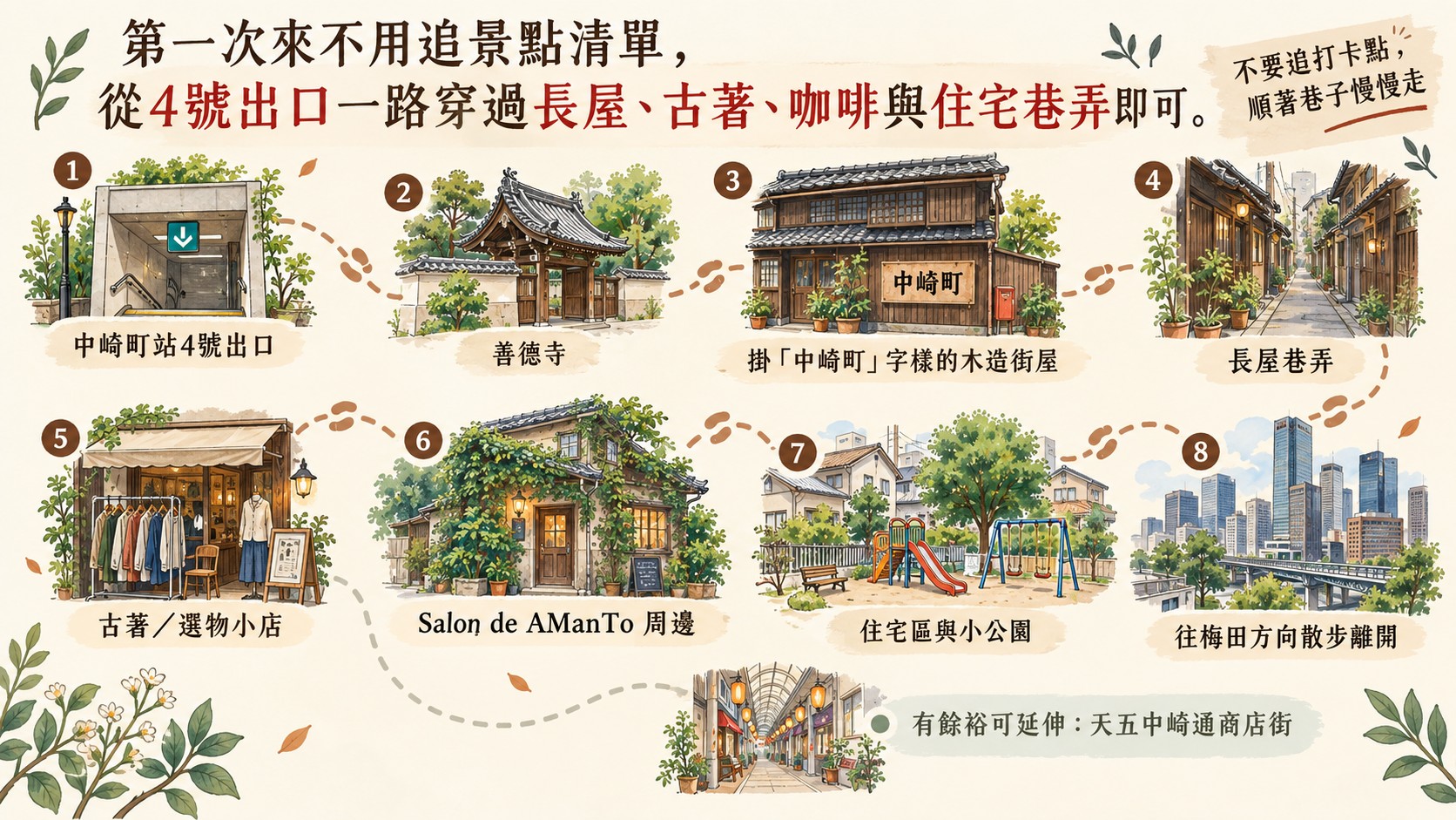 中崎町實走散步路線節點卡：從4號出口經長屋、古著、咖啡到住宅區與小公園，再往梅田方向離開