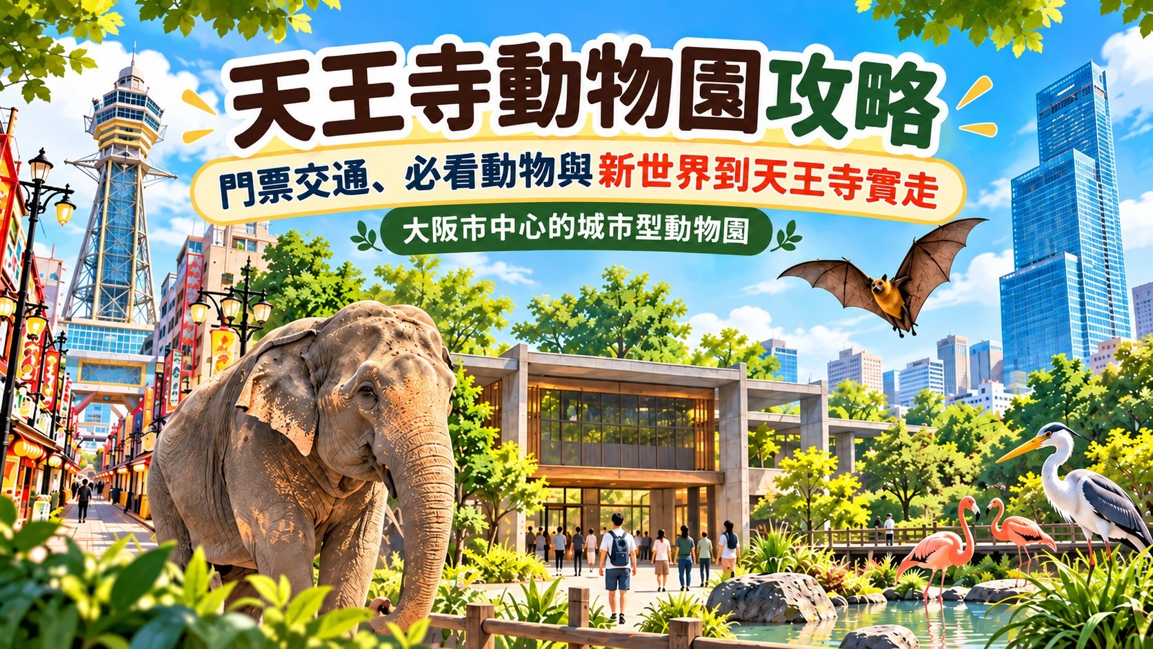 天王寺動物園攻略：城市型動物園主視覺，通天閣、新世界與阿倍野HARUKAS同框