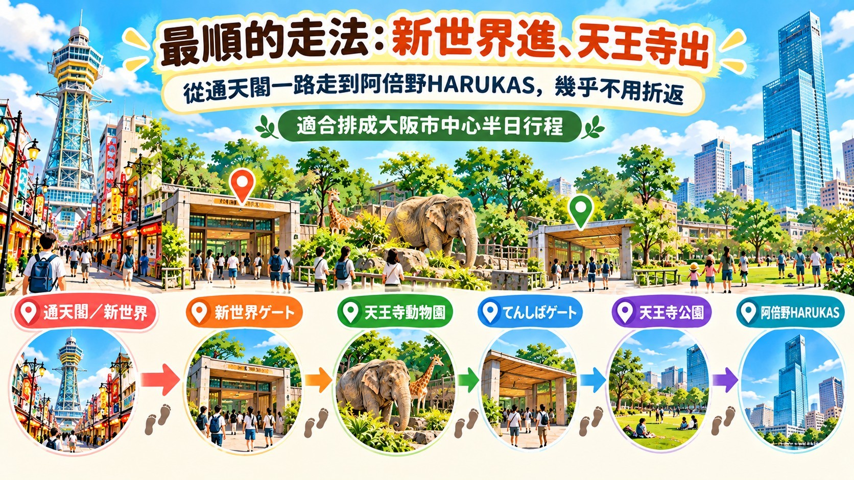 三、天王寺動物園參觀動線：新世界門進、天芝門出路線圖