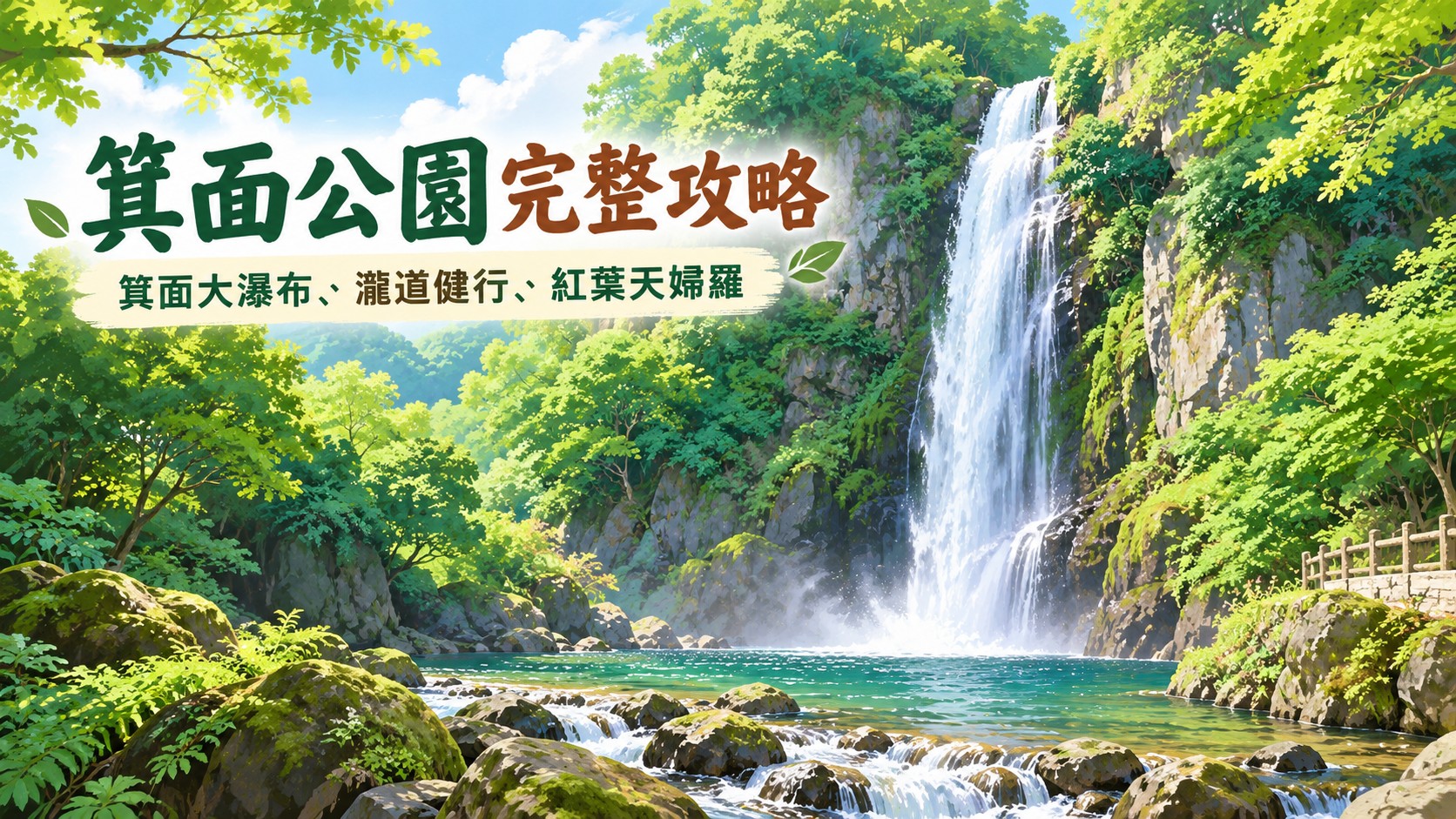 箕面公園特色圖：夏季綠意中的箕面大瀑布插畫，標題為「箕面公園完整攻略」與「箕面大瀑布、瀧道健行、紅葉天婦羅」