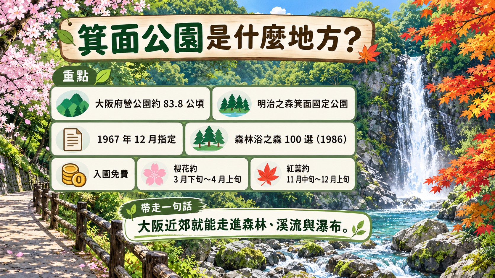 資訊整理卡：箕面公園是大阪府營公園，位於明治之森箕面國定公園內，入園免費，櫻花與紅葉各有最佳時期