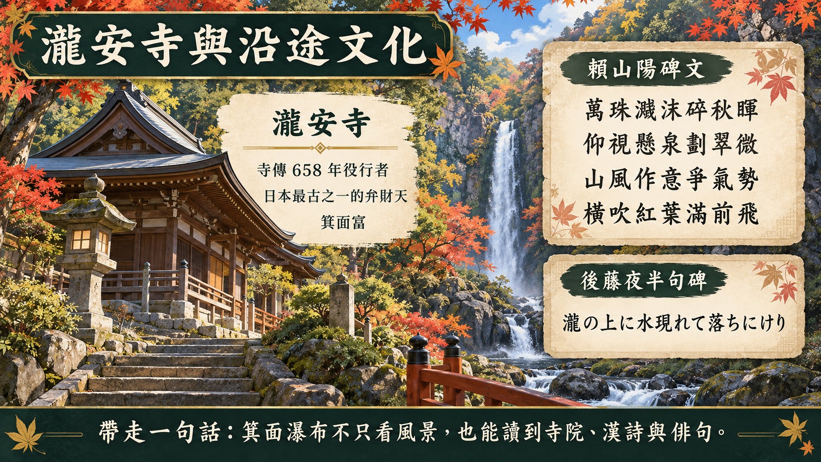 文化整理卡：瀧安寺的寺傳、弁財天與箕面富，以及賴山陽漢詩和後藤夜半俳句