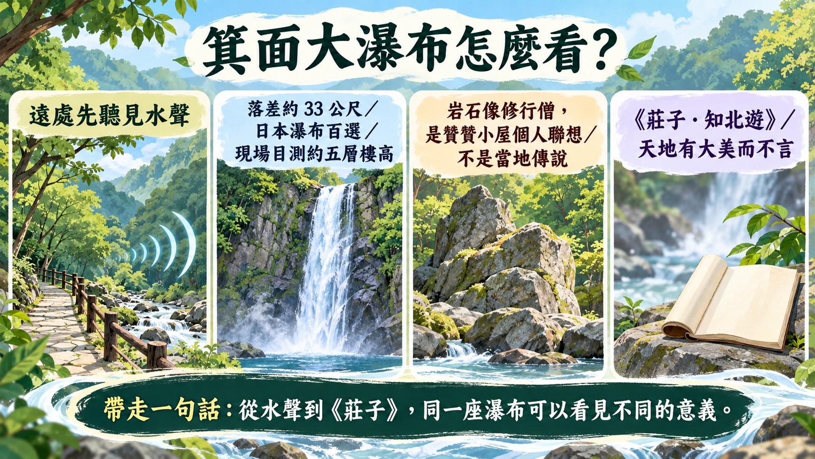 體驗與意義整理卡：從遠處聽見水聲、瀑布高度與五層樓目測，到岩石聯想與《莊子．知北遊》的引文