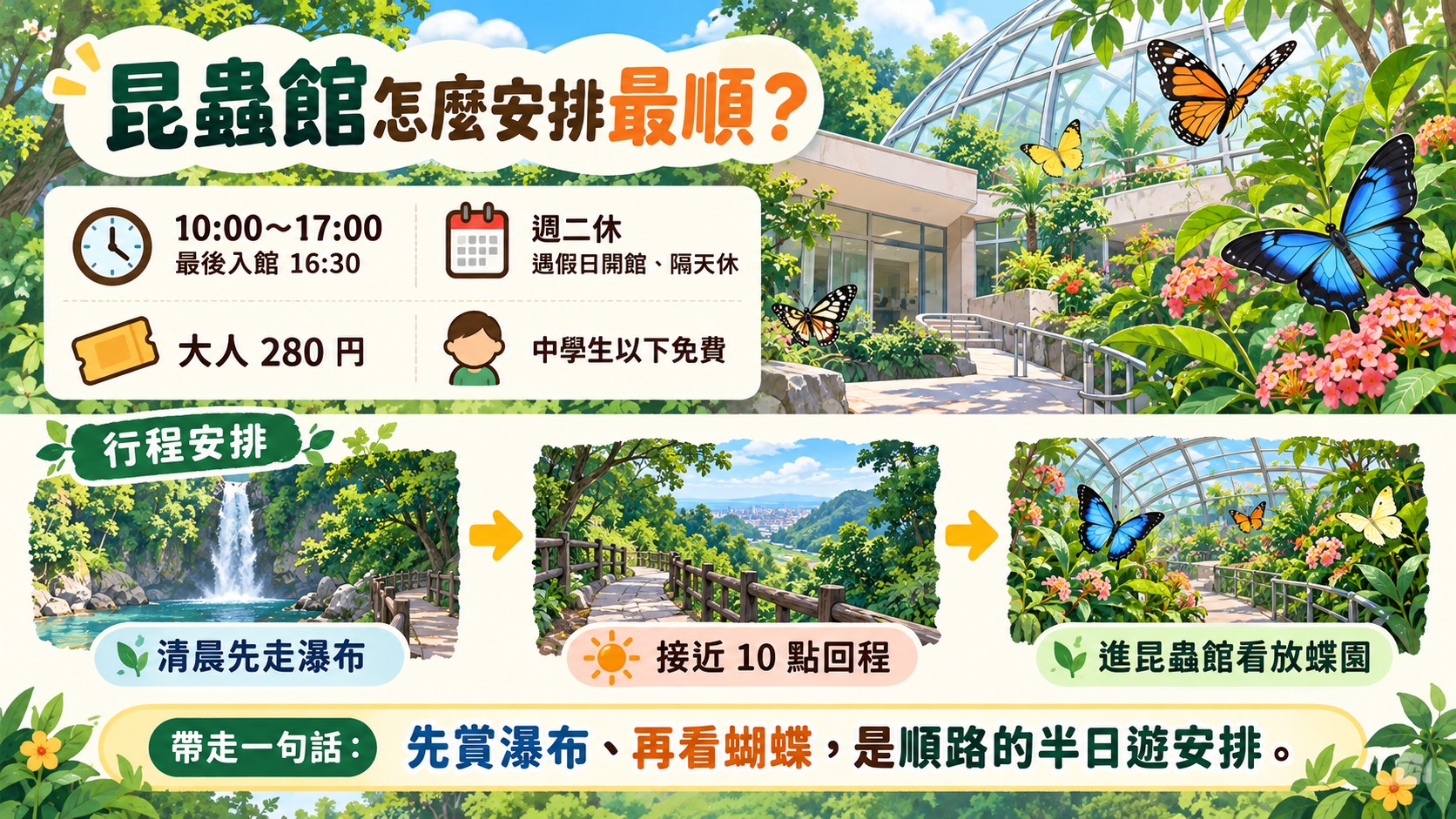行程亮點卡：昆蟲館開館時間與票價，以及清晨先走瀑布、接近 10 點回程進昆蟲館的安排