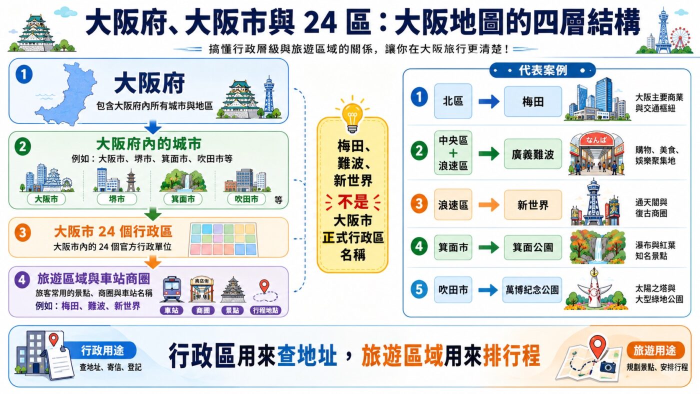 一、大阪地圖怎麼看：大阪府、大阪市與旅遊區域
