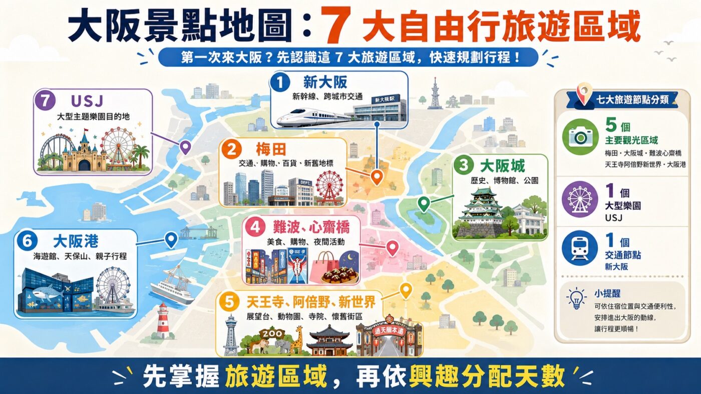 二、大阪景點地圖：7 大旅遊區域先看懂