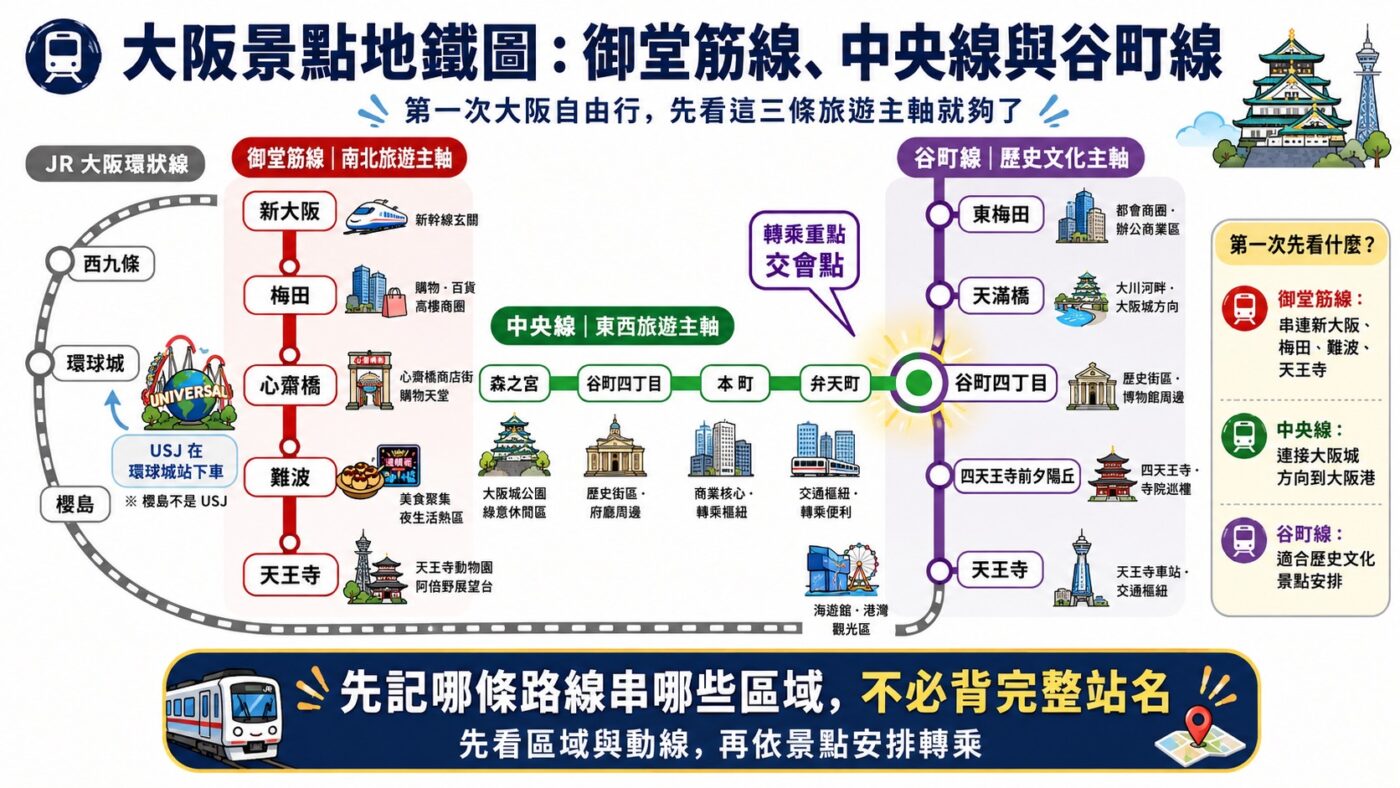 三、大阪景點地鐵圖：第一次自由行先看三條主線