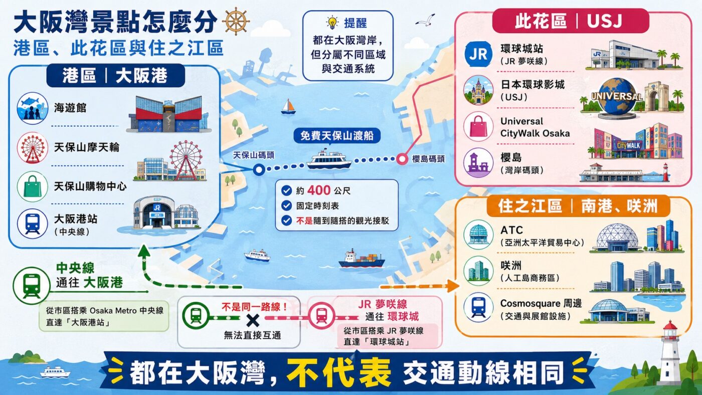 六、大阪灣景點地圖：海遊館、USJ 與南港