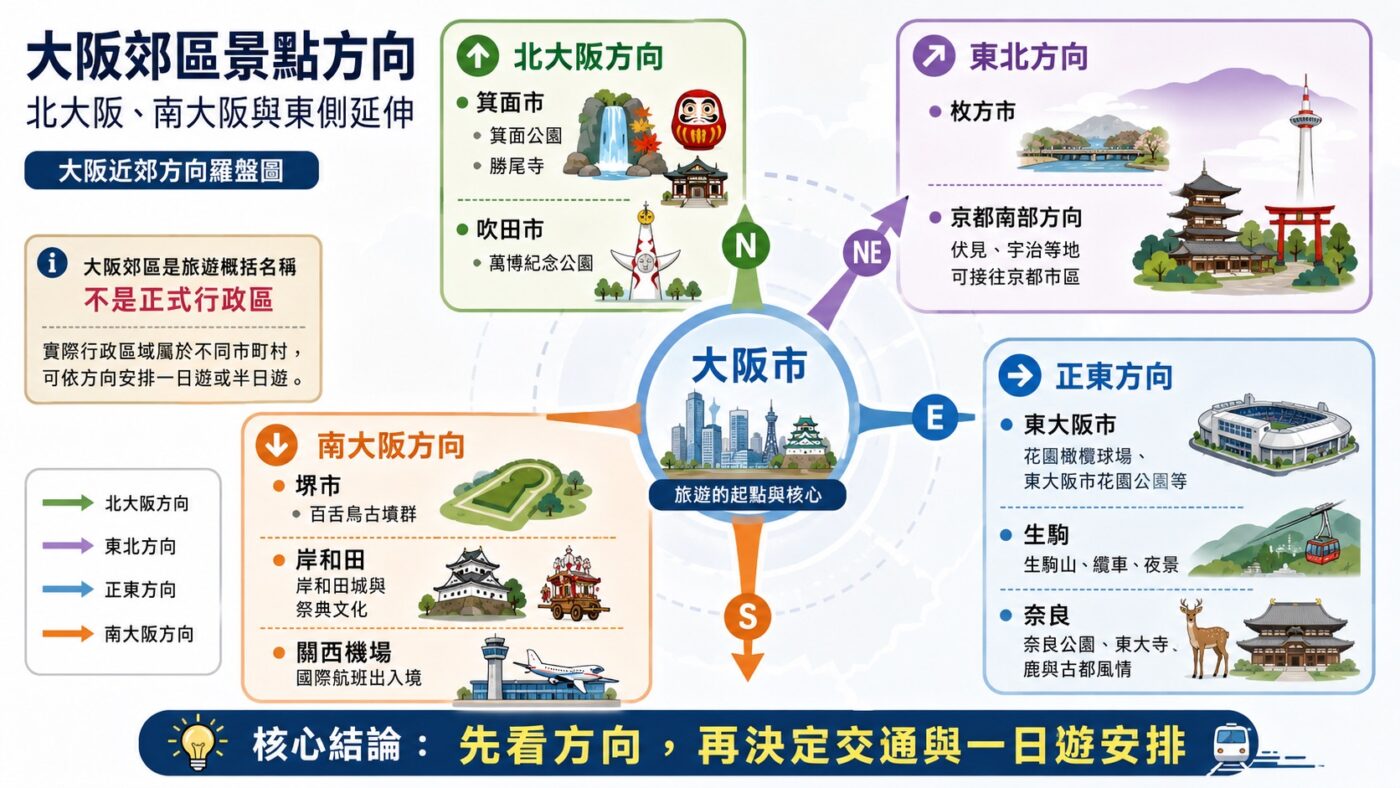 七、大阪郊區景點：超出大阪市地圖的延伸方向