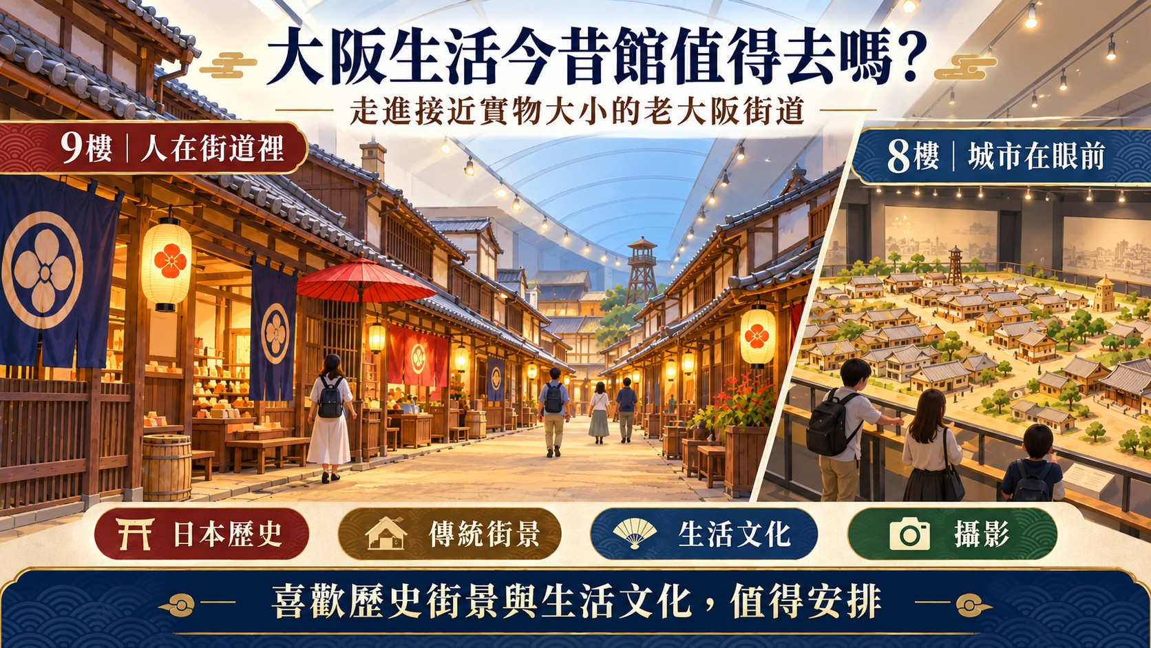 節點卡：大阪生活今昔館值不值得去，最大特色是在現代大樓裡走進接近實物大小的老大阪街道，9 樓人在街道裡、8 樓城市在眼前