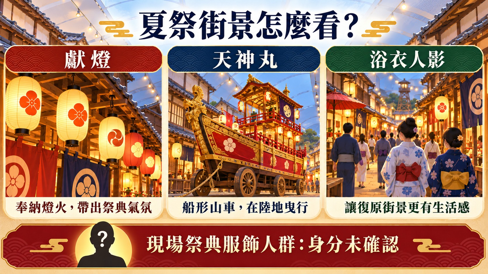 節點卡：夏祭街景怎麼看，獻燈、天神丸與浴衣人影三個元素，現場祭典服飾人群身分未確認