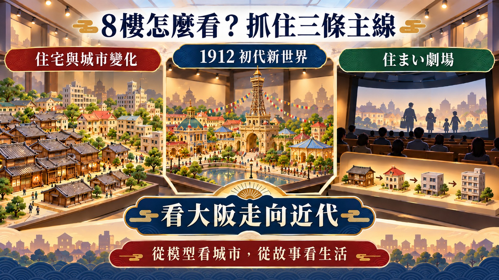 節點卡：8 樓怎麼看，抓住住宅與城市變化、1912 初代新世界、住まい劇場三條主線