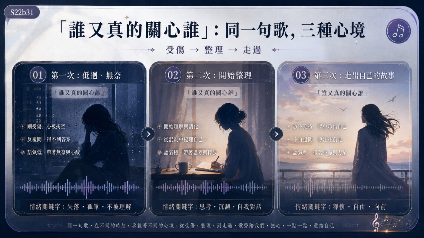 「誰又真的關心誰」唱了三次，是三個不同階段 9
