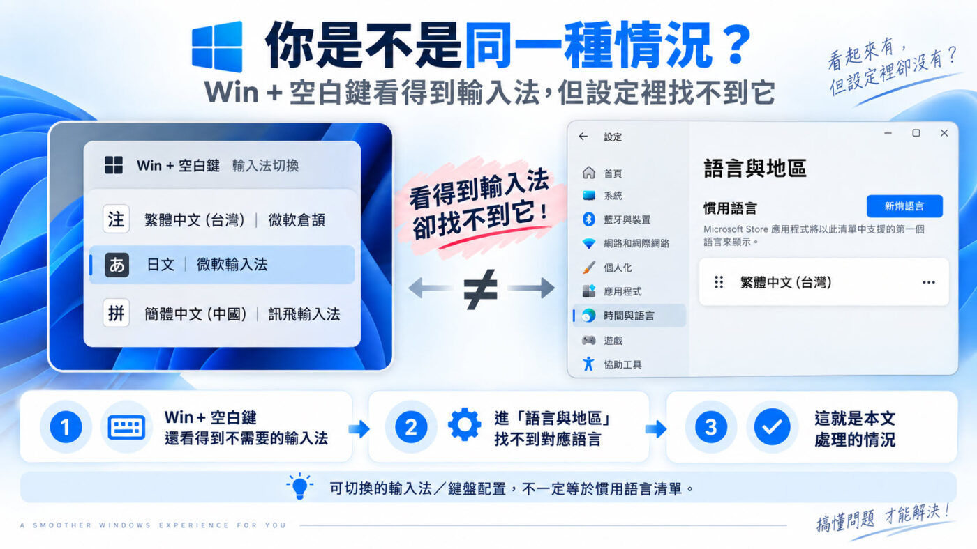 Windows 11 輸入法無法移除，Win＋空白鍵還看得到日文（知識卡）