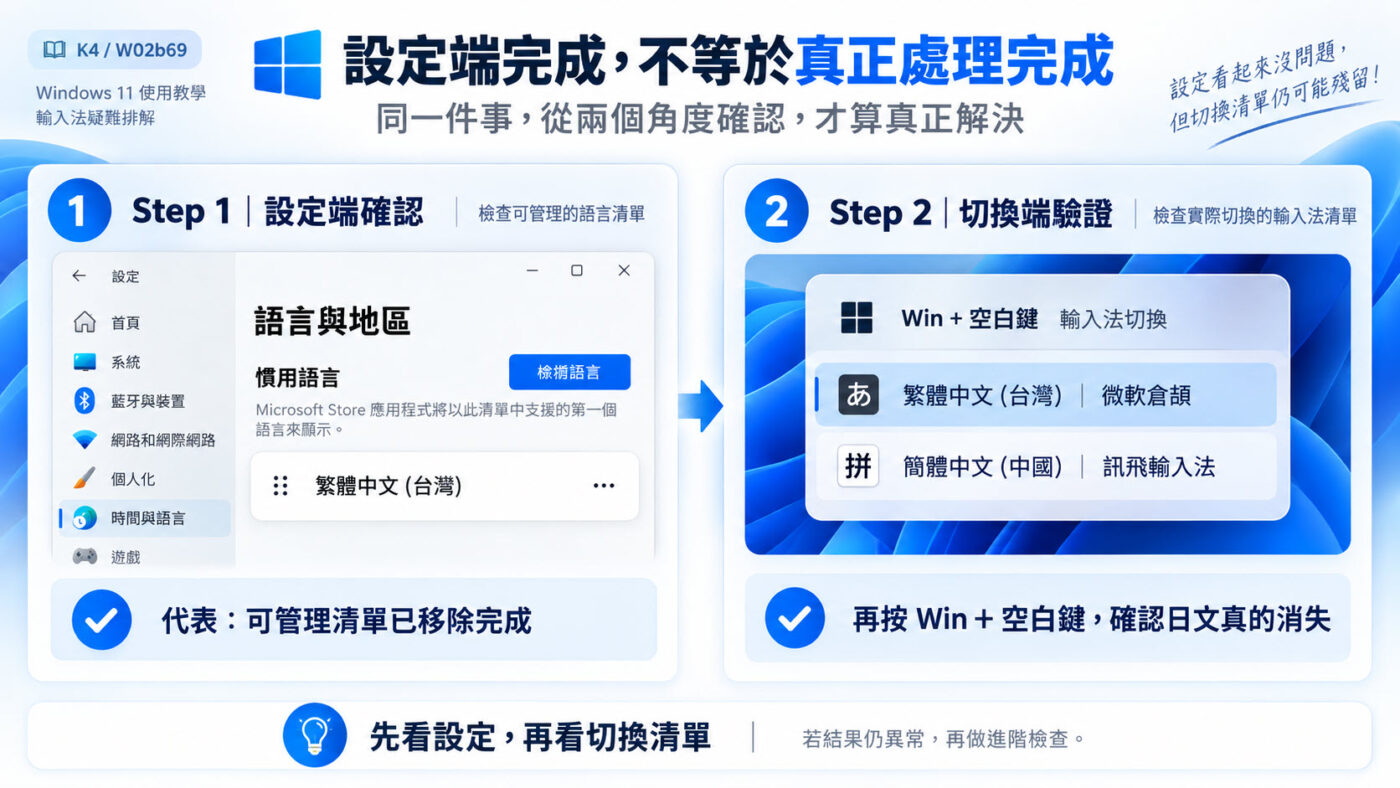 移除完成後，慣用語言只剩繁體中文（知識卡）