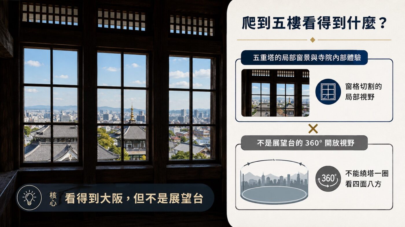 五重塔上層窗景知識卡：窗格切割的局部視野，不是展望台的 360 度開放視野