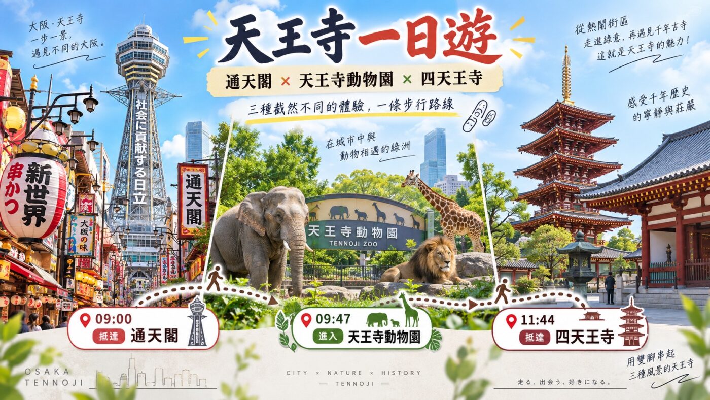 天王寺一日遊：通天閣、天王寺動物園、四天王寺實走路線