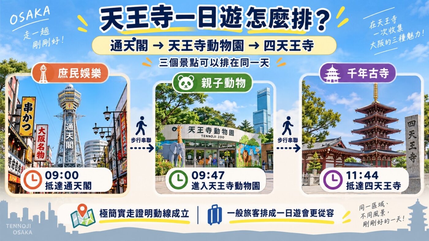 一、天王寺一日遊怎麼排？通天閣、動物園、四天王寺可以走在一起（知識卡）