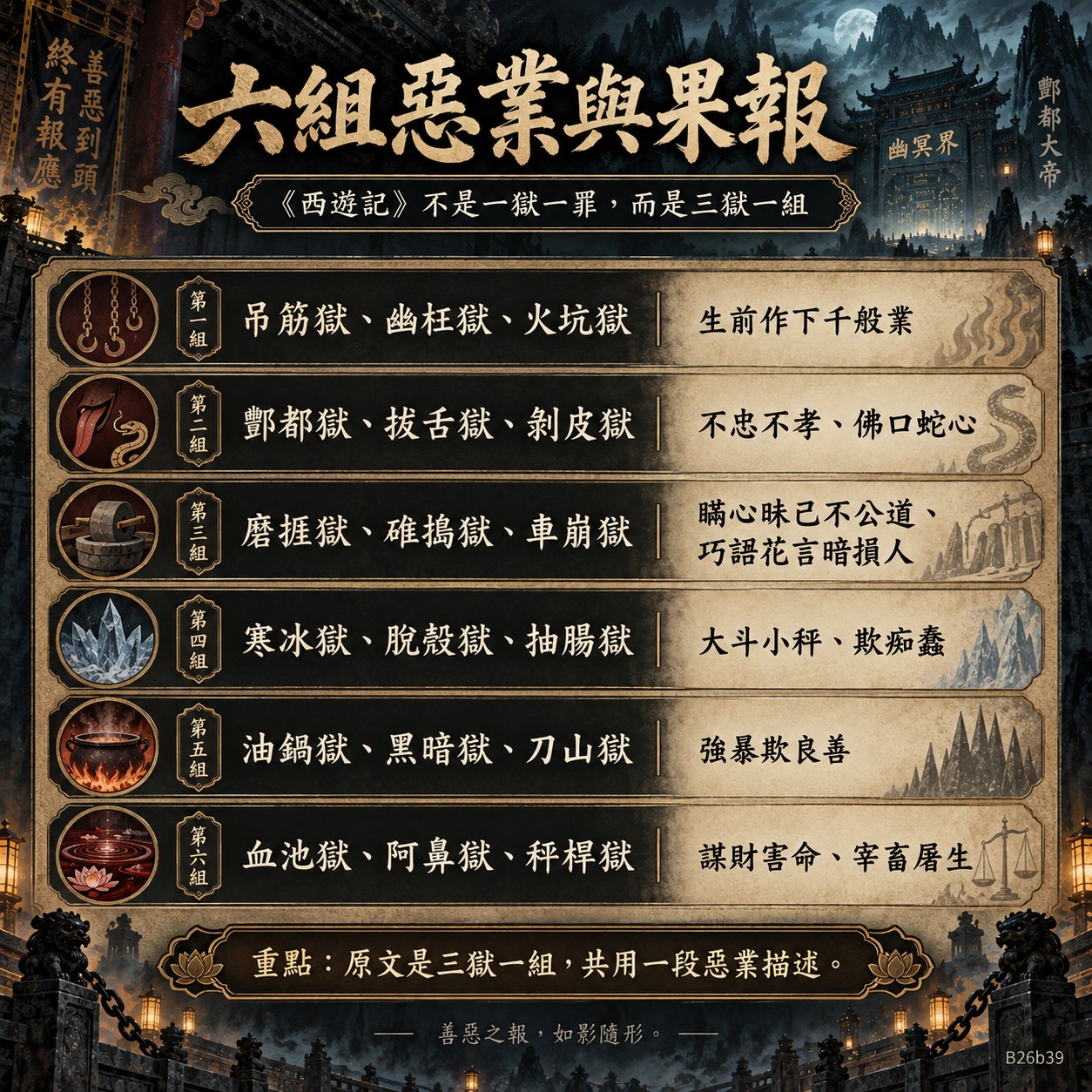 十八層地獄六組惡業與果報對照　知識卡