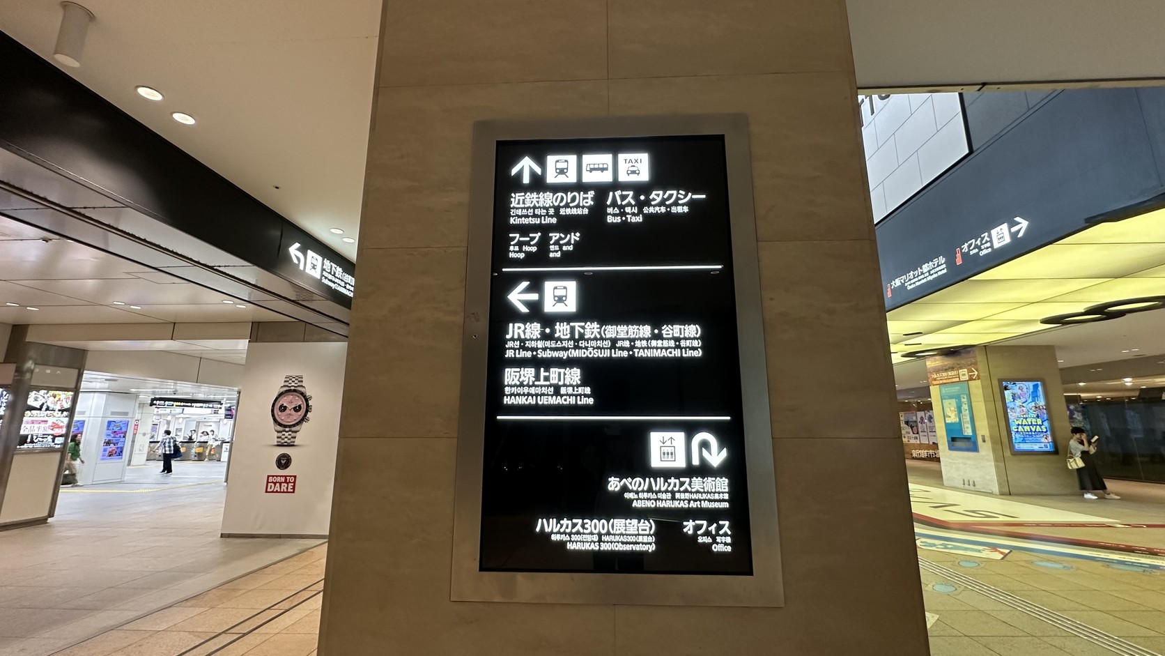 通道內發光指標實拍，標示近鐵線、JR 線、地下鐵與ハルカス300方向