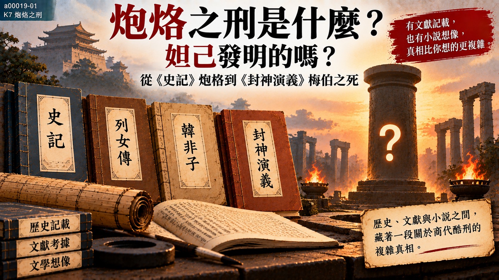 炮烙之刑主題視覺，古籍書卷與銅柱剪影意象