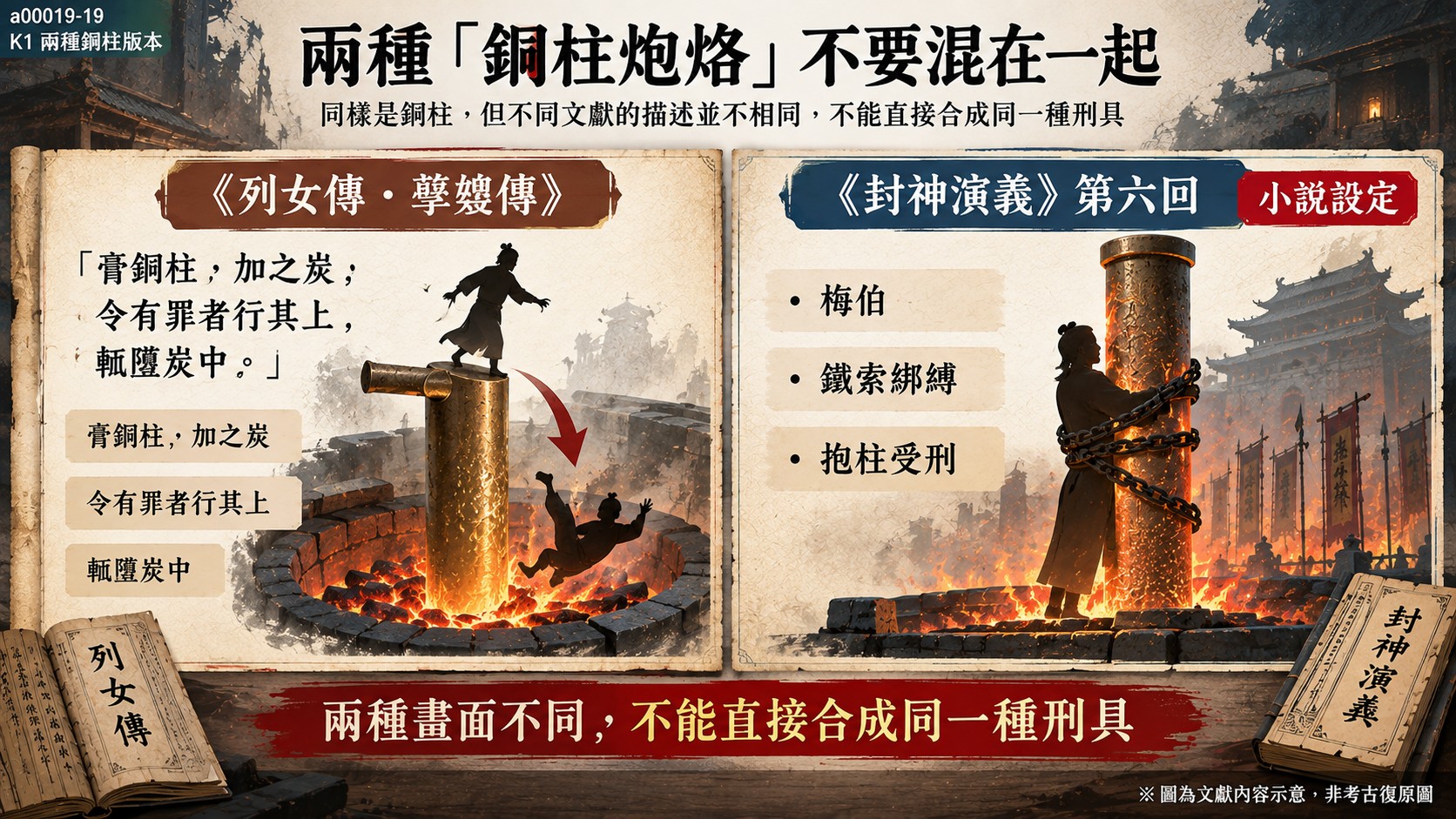 《列女傳》行走墜炭與《封神演義》梅伯鐵索抱柱，兩種炮烙版本對照知識卡