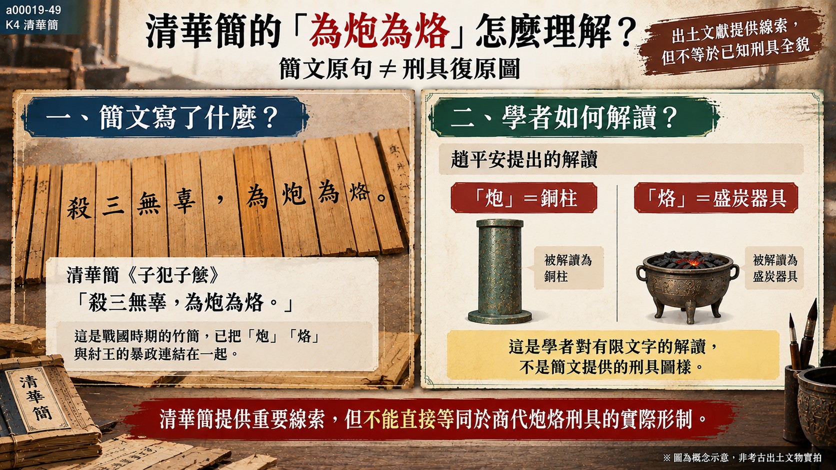 清華簡〈子犯子餘〉為炮為烙原文與學者解讀對照知識卡