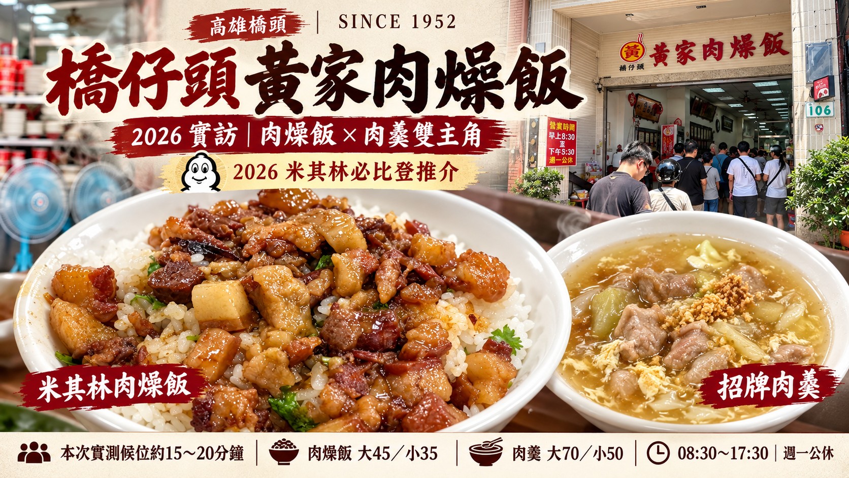 橋仔頭黃家肉燥飯2026實訪主視覺：米其林肉燥飯與招牌肉羹