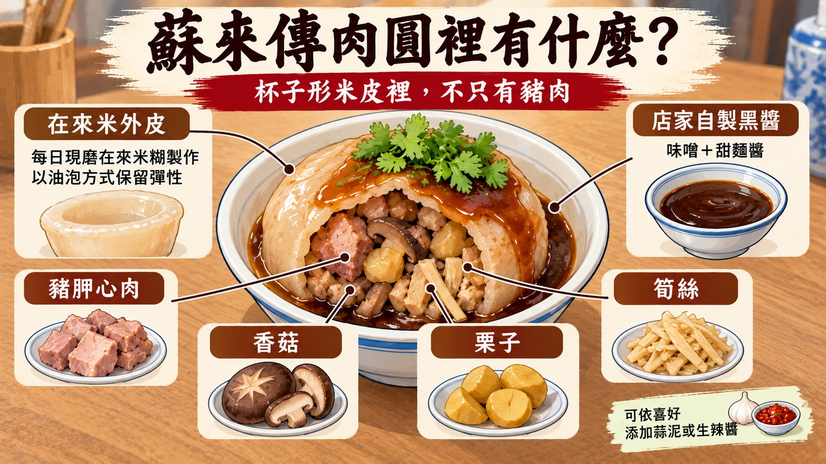 蘇來傳肉圓結構解析知識卡：在來米外皮、豬胛心肉、香菇、栗子、筍絲與黑醬