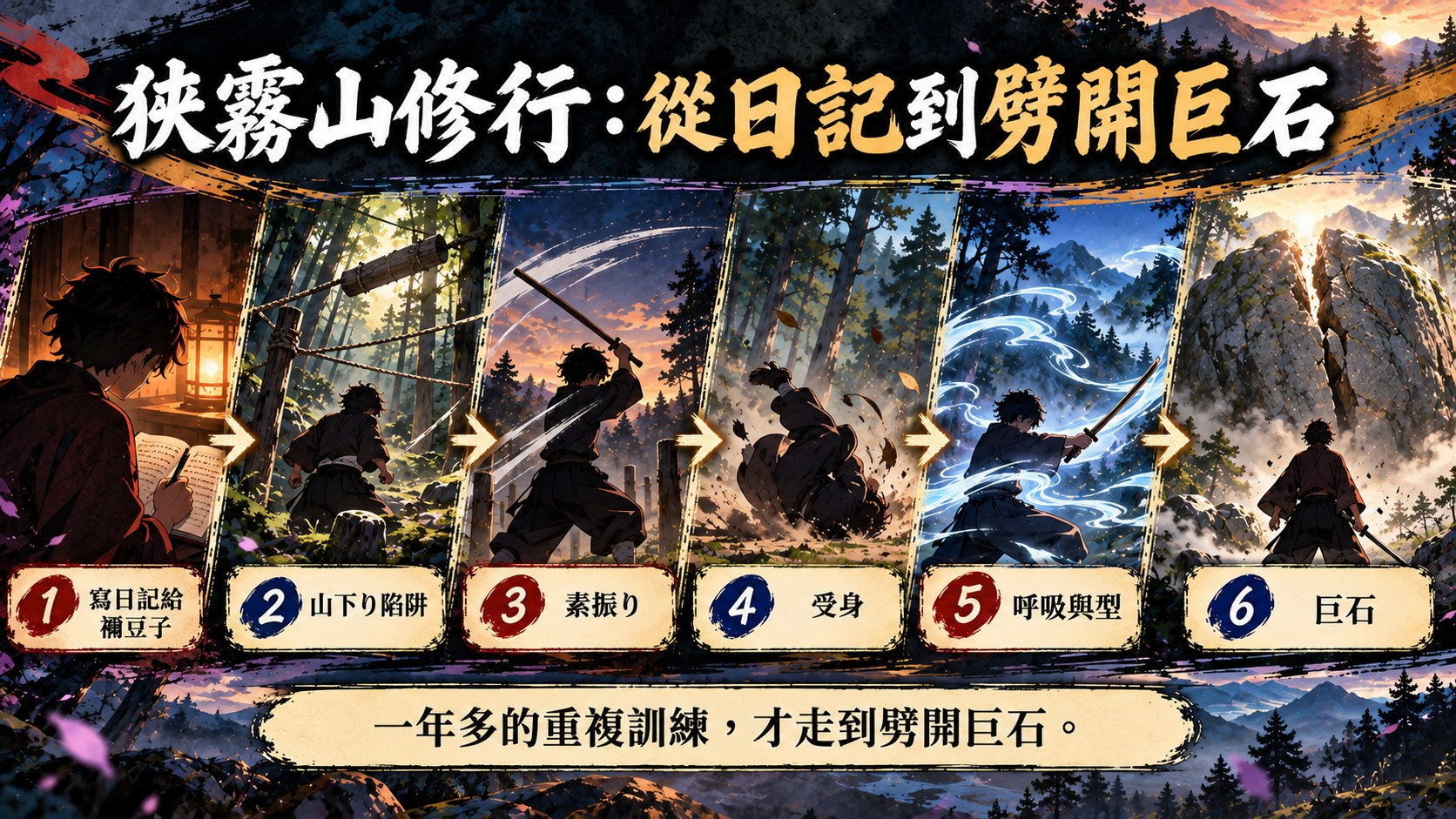 狹霧山修行流程卡：寫日記給禰豆子、山下り陷阱、素振り、受身、呼吸與型，最後劈開巨石