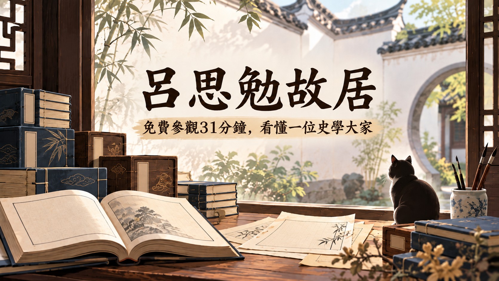 呂思勉故居特色圖：江南窗景前的古籍書箱、打開的書冊與手稿、毛筆筒和窗邊貓咪剪影，標題「呂思勉故居」與「免費參觀31分鐘，看懂一位史學大家」