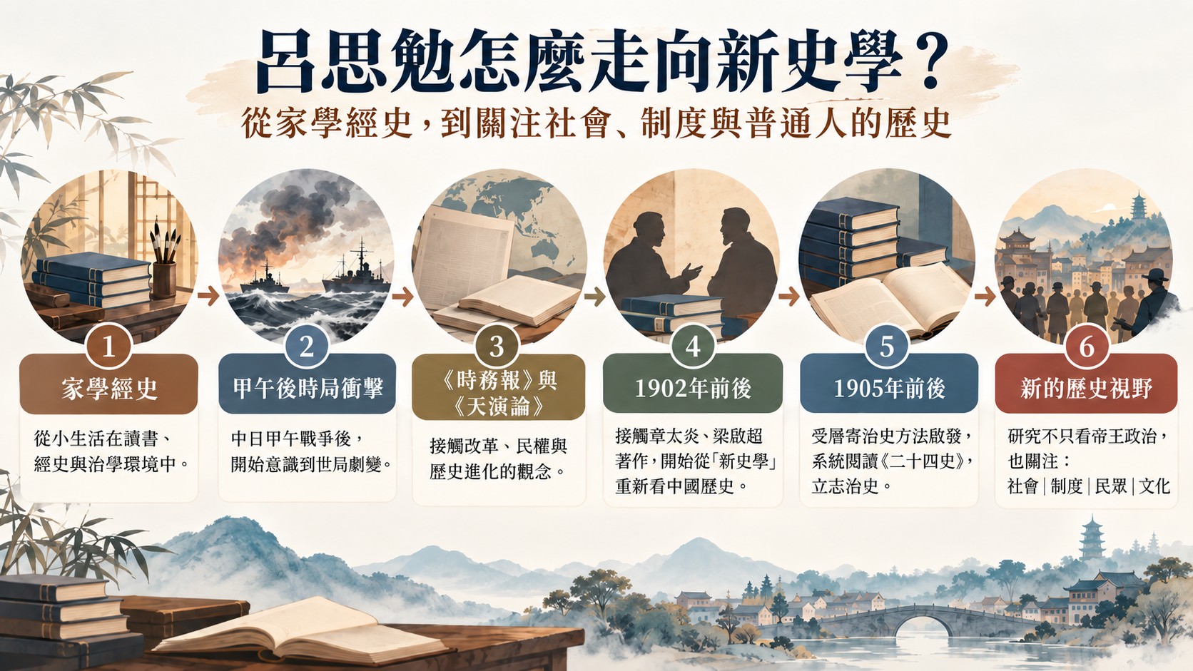 呂思勉怎麼走向新史學知識卡：家學經史、甲午後時局衝擊、《時務報》與《天演論》、1902年前後、1905年前後、新的歷史視野六個節點
