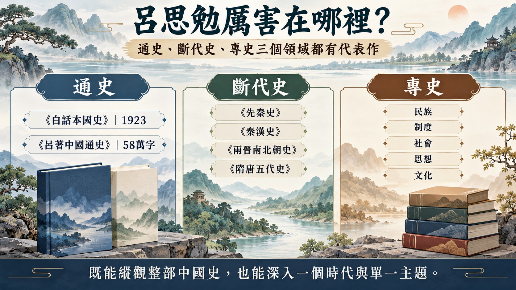 呂思勉厲害在哪裡知識卡：通史（《白話本國史》1923、《呂著中國通史》58萬字）、斷代史四部、專史民族制度社會思想文化三欄