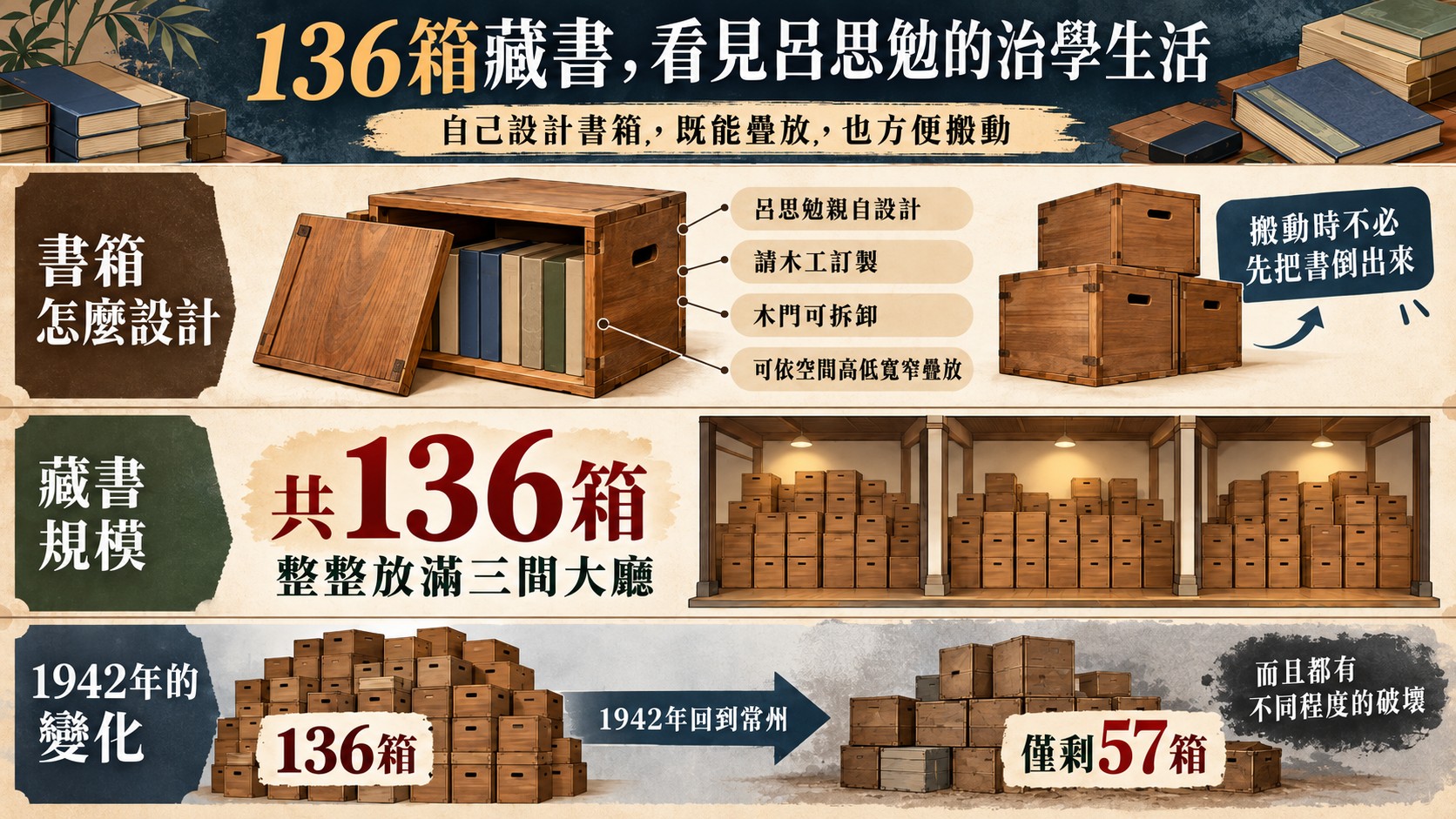 呂思勉136箱藏書知識卡：書箱設計、共136箱放滿三間大廳、1942年回到常州僅剩57箱