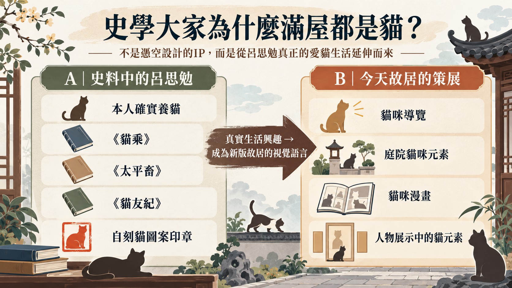 史學大家為什麼滿屋都是貓知識卡：左欄呂思勉本人養貓與《貓乘》《太平畜》《貓友紀》、自刻貓印，右欄今日故居的貓咪策展