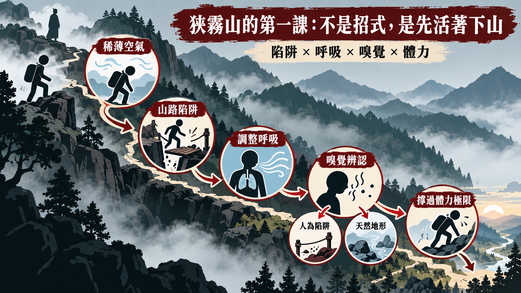 山路訓練知識卡：狹霧山陷阱、呼吸調整、嗅覺辨識罠、稀薄空氣體力極限五節點訓練流程