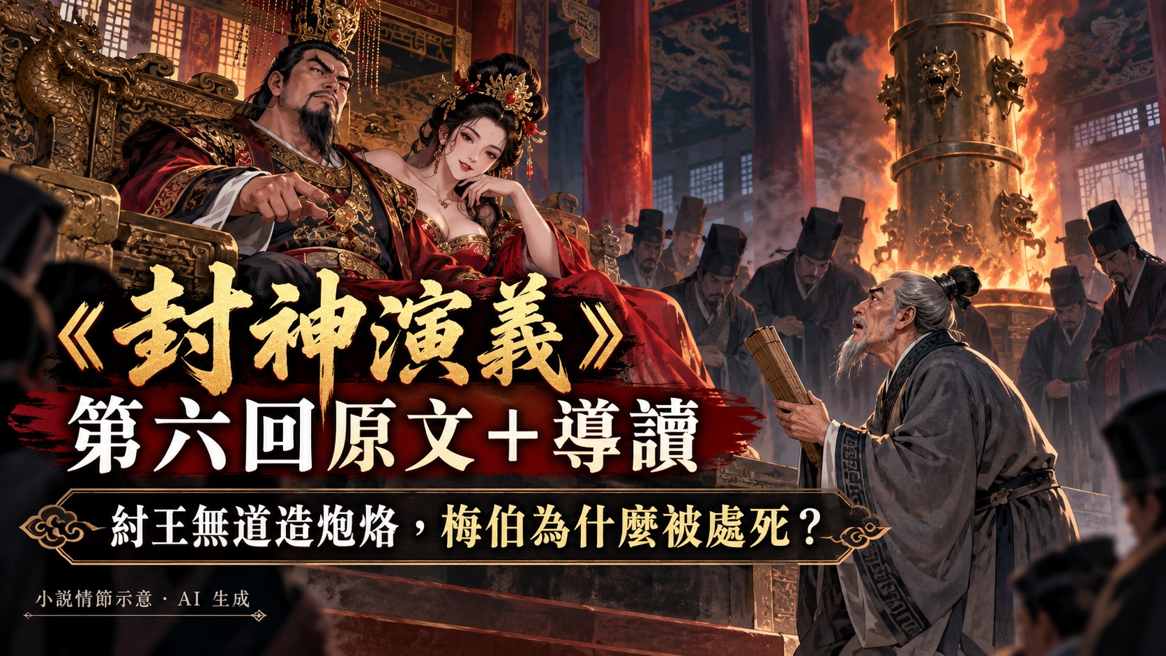 《封神演義》第六回主題視覺：紂王、妲己與跪諫老臣梅伯，朝堂與銅柱背景象徵暴政轉折（小說情節示意，AI 生成）