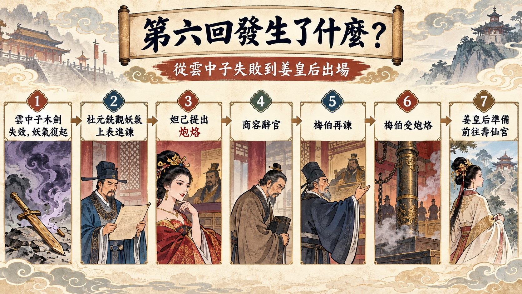 第六回事件時間線知識卡：雲中子木劍失效妖氣復起、杜元銑上表進諫、妲己提出炮烙、商容辭官、梅伯再諫受炮烙、姜皇后準備前往壽仙宮