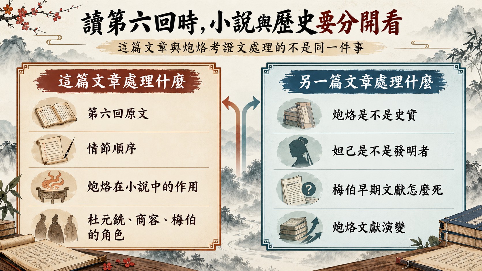 小說與歷史分工知識卡：本文處理第六回原文情節與炮烙敘事作用，另一篇文章處理炮烙是否史實與妲己是否發明者等文獻考證