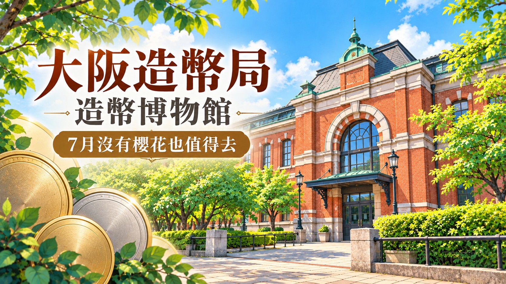 大阪造幣局特色圖：夏季綠葉與紅磚造幣博物館插畫，標題「大阪造幣局」「造幣博物館」「7月沒有櫻花也值得去」