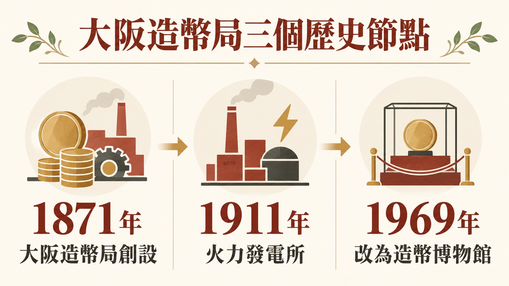 大阪造幣局歷史節點知識卡：1871年創設、1911年火力發電所、1969年改為造幣博物館