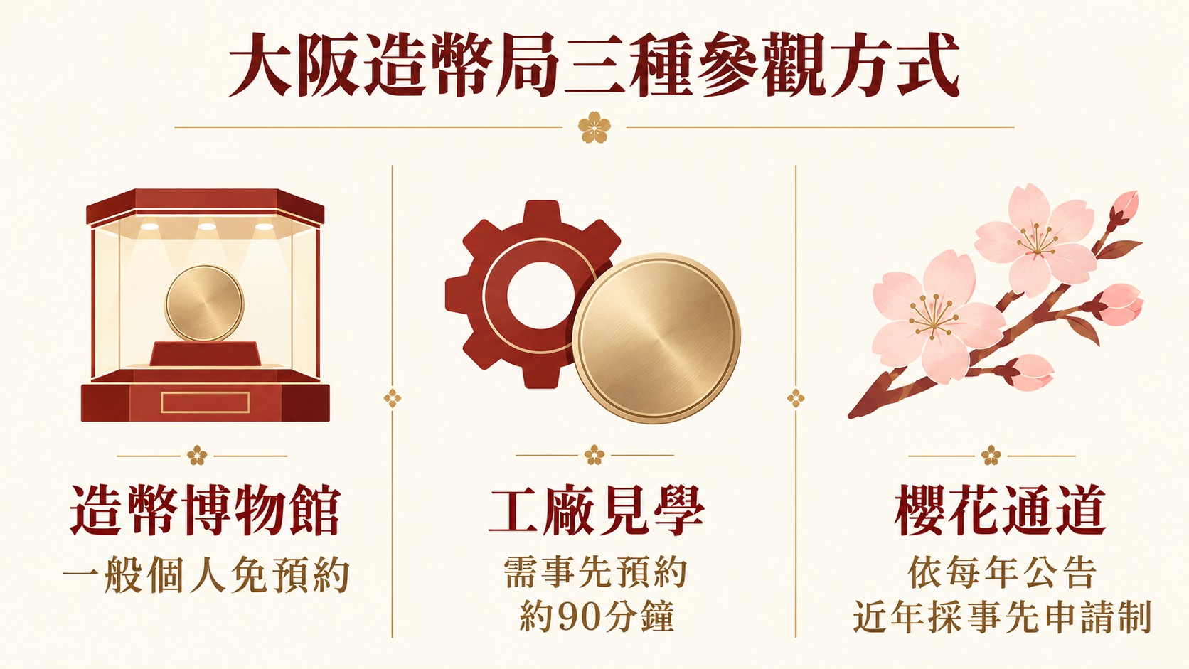 造幣博物館、工廠見學與櫻花通道三種參觀方式知識卡：一般個人免預約、需事先預約、依每年公告事先申請