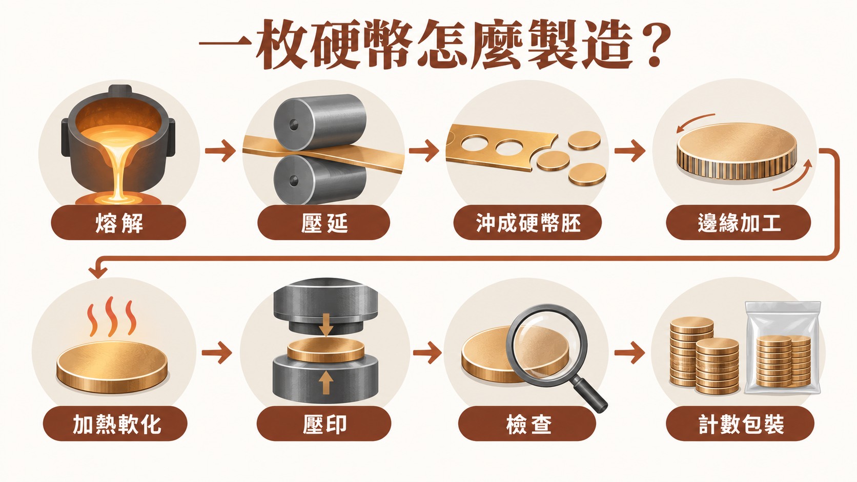 一枚硬幣怎麼製造知識卡：熔解、壓延、沖成硬幣胚、邊緣加工、加熱軟化、壓印、檢查、計數包裝八步驟