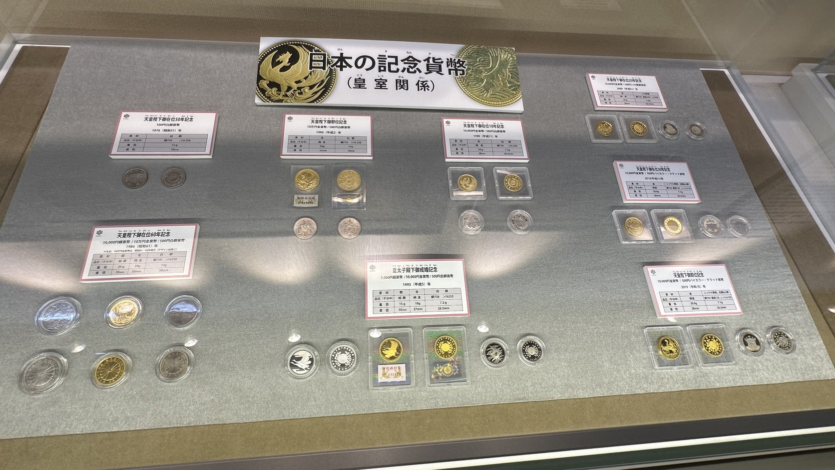 造幣博物館「日本的記念貨幣（皇室關係）」展櫃實拍：天皇在位與即位等紀念貨幣