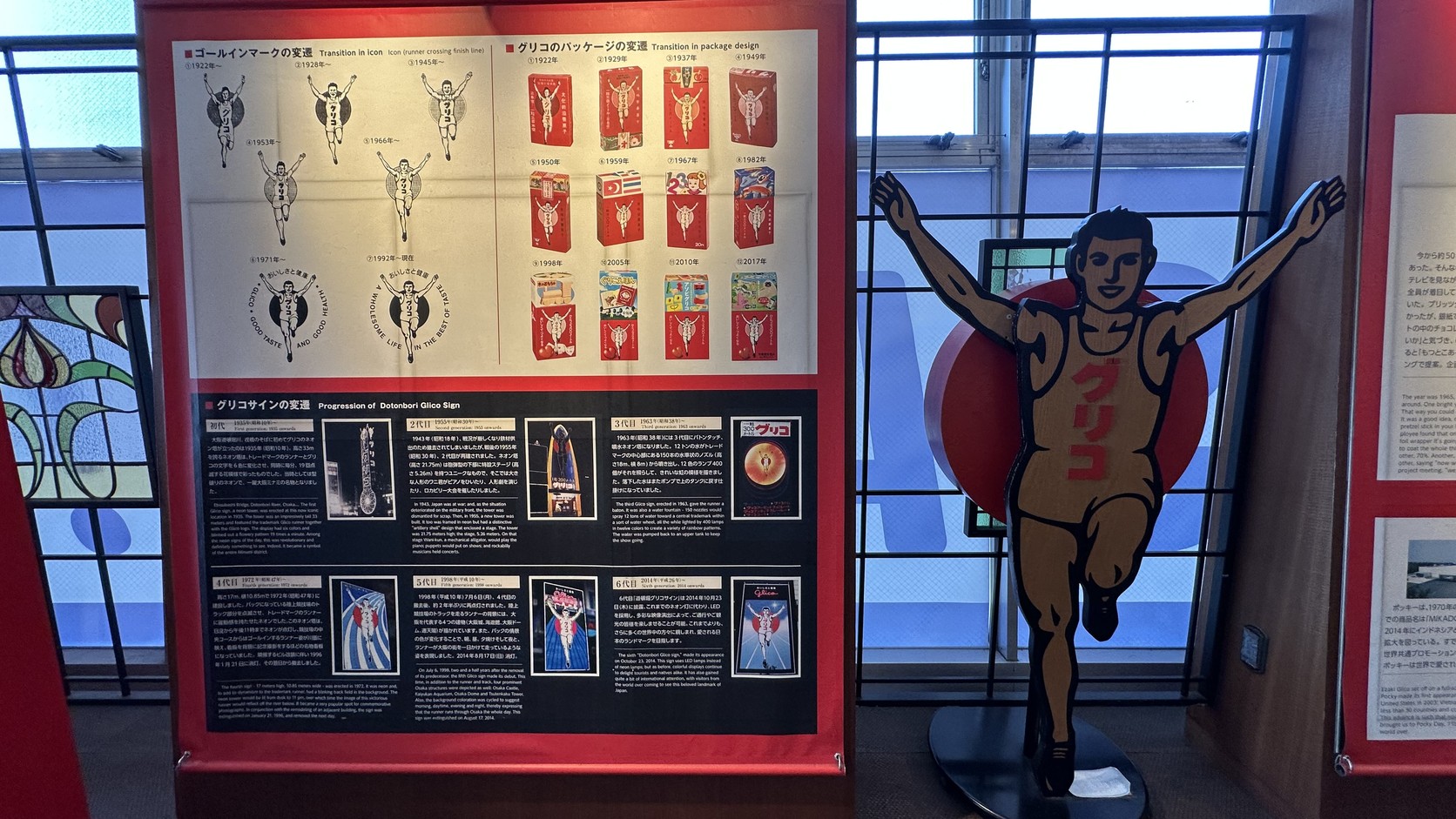 通天閣 Glico 展示空間的展板，並列跑跑人圖樣演變、包裝變遷與道頓堀六代招牌年表，旁邊立著跑跑人等身立像