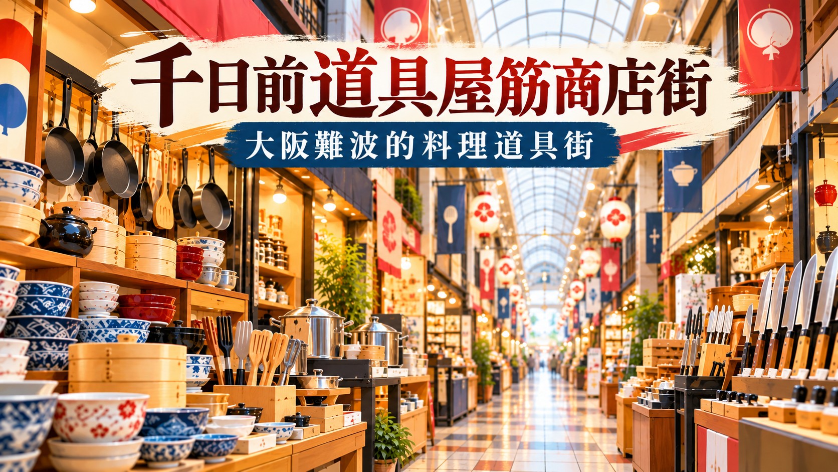 千日前道具屋筋商店街主視覺：掛著紅燈籠的拱廊兩側，擺滿日式碗盤、鍋具與料理刀的料理道具街插畫