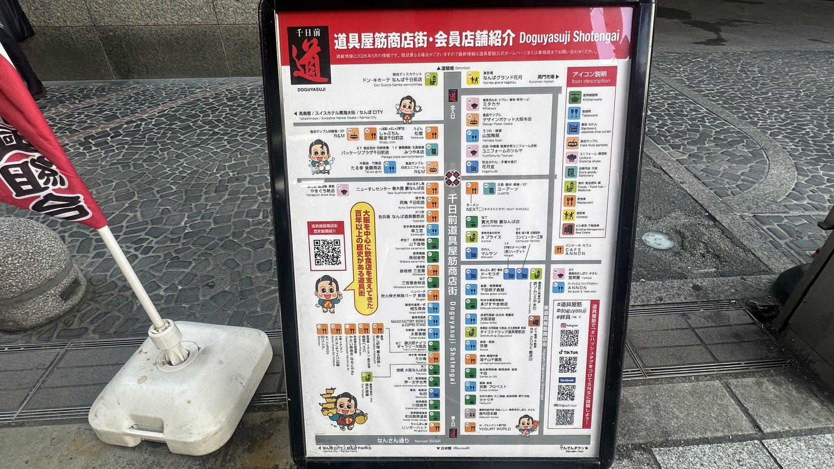 千日前道具屋筋商店街的會員店舖地圖立牌，標示各店位置與店舖類型圖例