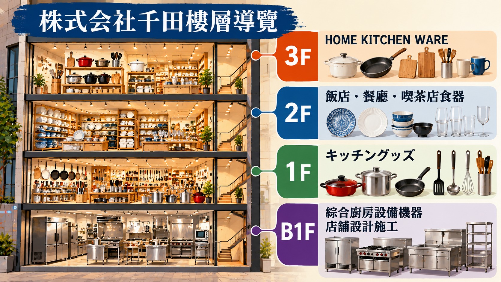 株式会社千田樓層導覽知識卡：3F HOME KITCHEN WARE、2F 飯店・餐廳・喫茶店食器、1F キッチングッズ、B1F 綜合廚房設備機器與店舖設計施工