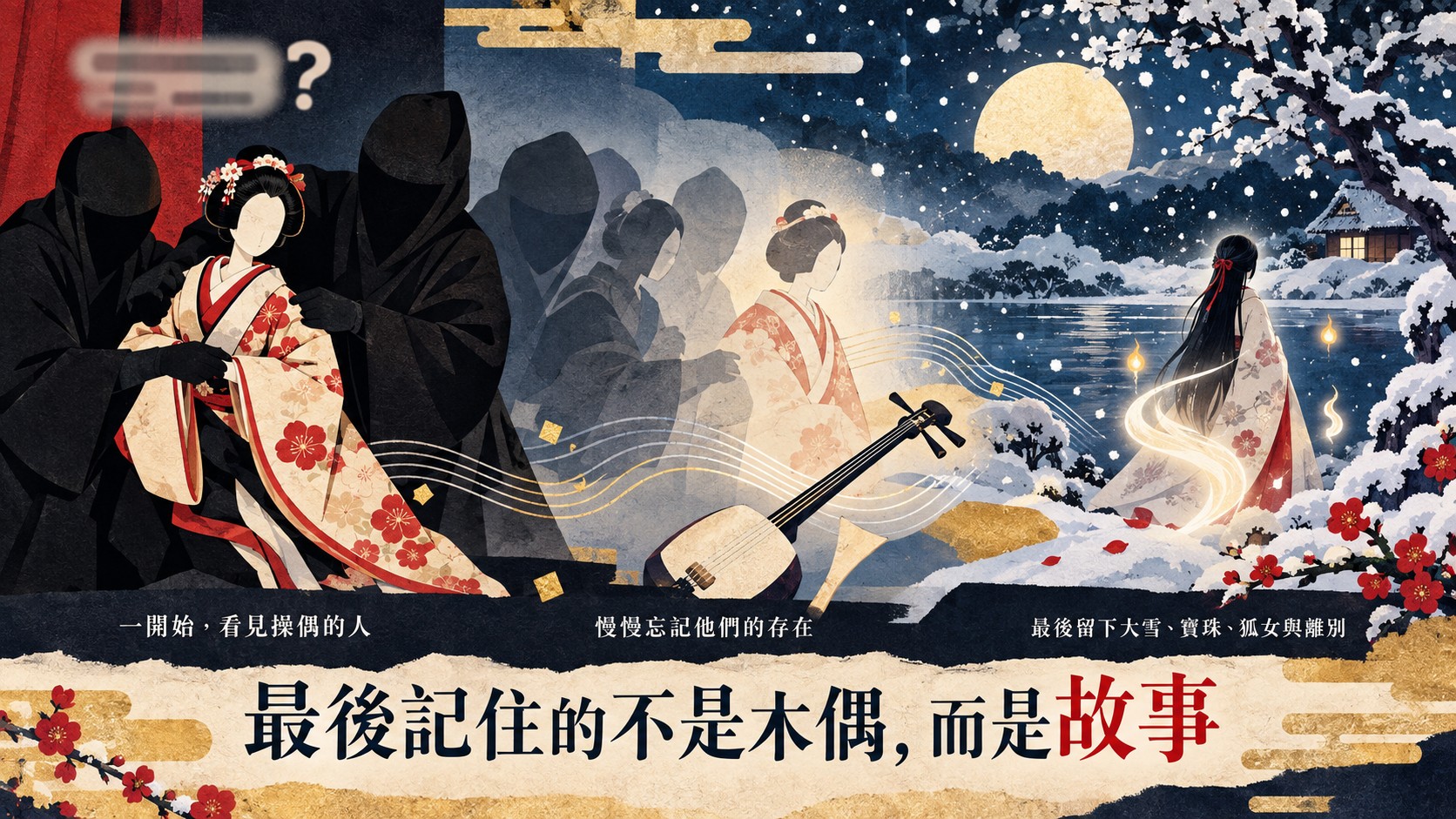 概念插畫「最後記住的不是木偶,而是故事」:黑衣操偶者逐漸淡去,大雪、寶珠與狐女意象浮現